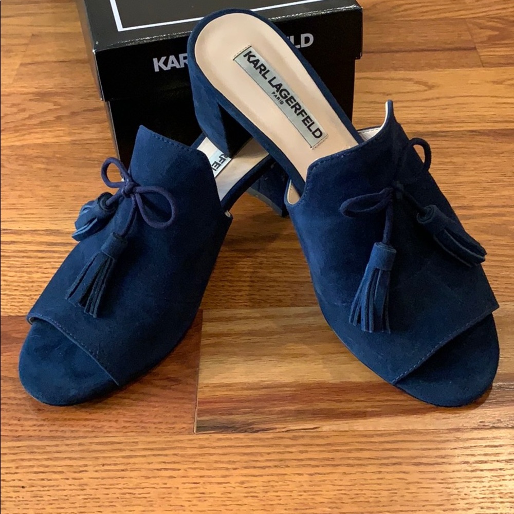 Karl Lagerfeld Navy Blue Suede Tassel Mules